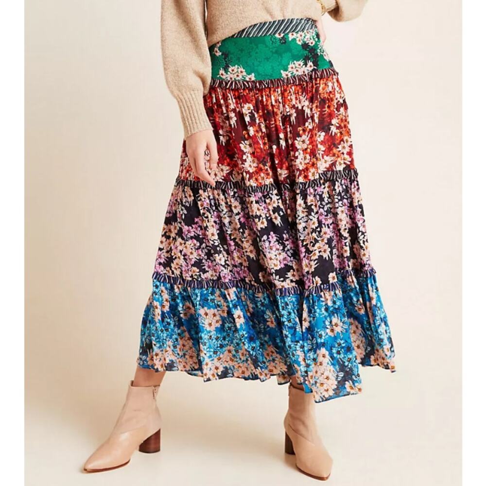 Bhanuni by Jyoti for Anthropologie Anarosa Tiered Maxi Skirt Floral Print Sz 8